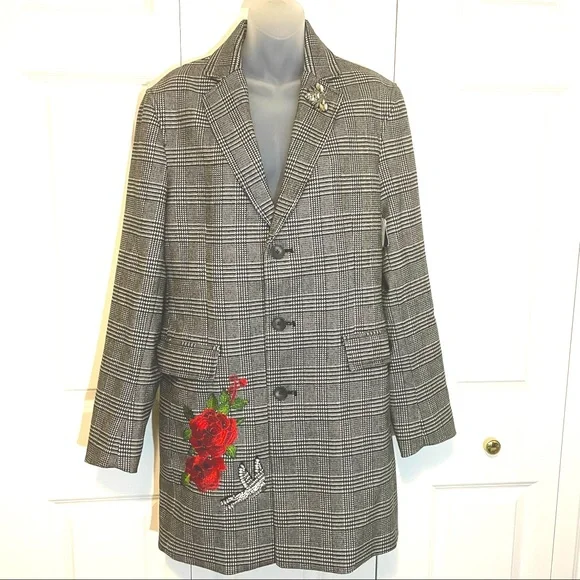 INC Glen Plaid Pea Coat Black White Embellished Small Rose Embroidery - Picture 1 of 12